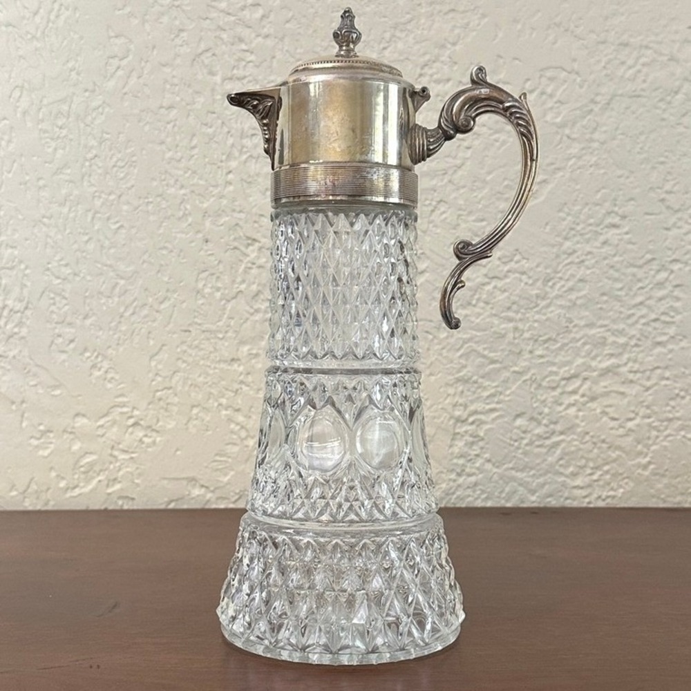 Vintage Leonard Crystal Diamond Cut Glass Carafe Silver Plate Claret Pitcher